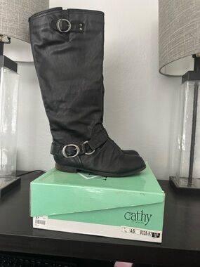 Cathy Black Mid-Calf Buckle Riding Boots